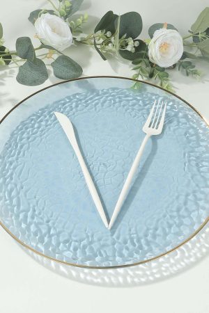 Light blue hammered plate with gold rim