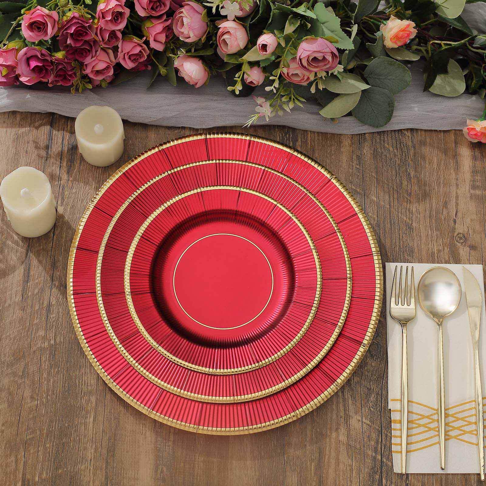 Crimson Red Ribbed Charger Plate with Gold Rim