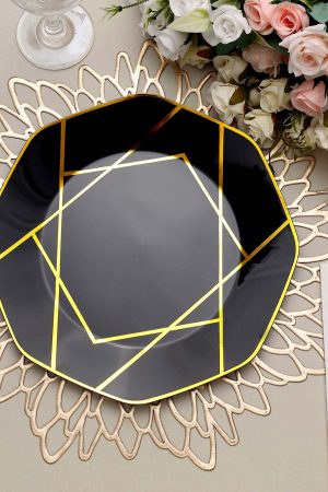 Black Geometric Dinner Plate with Gold Line Pattern