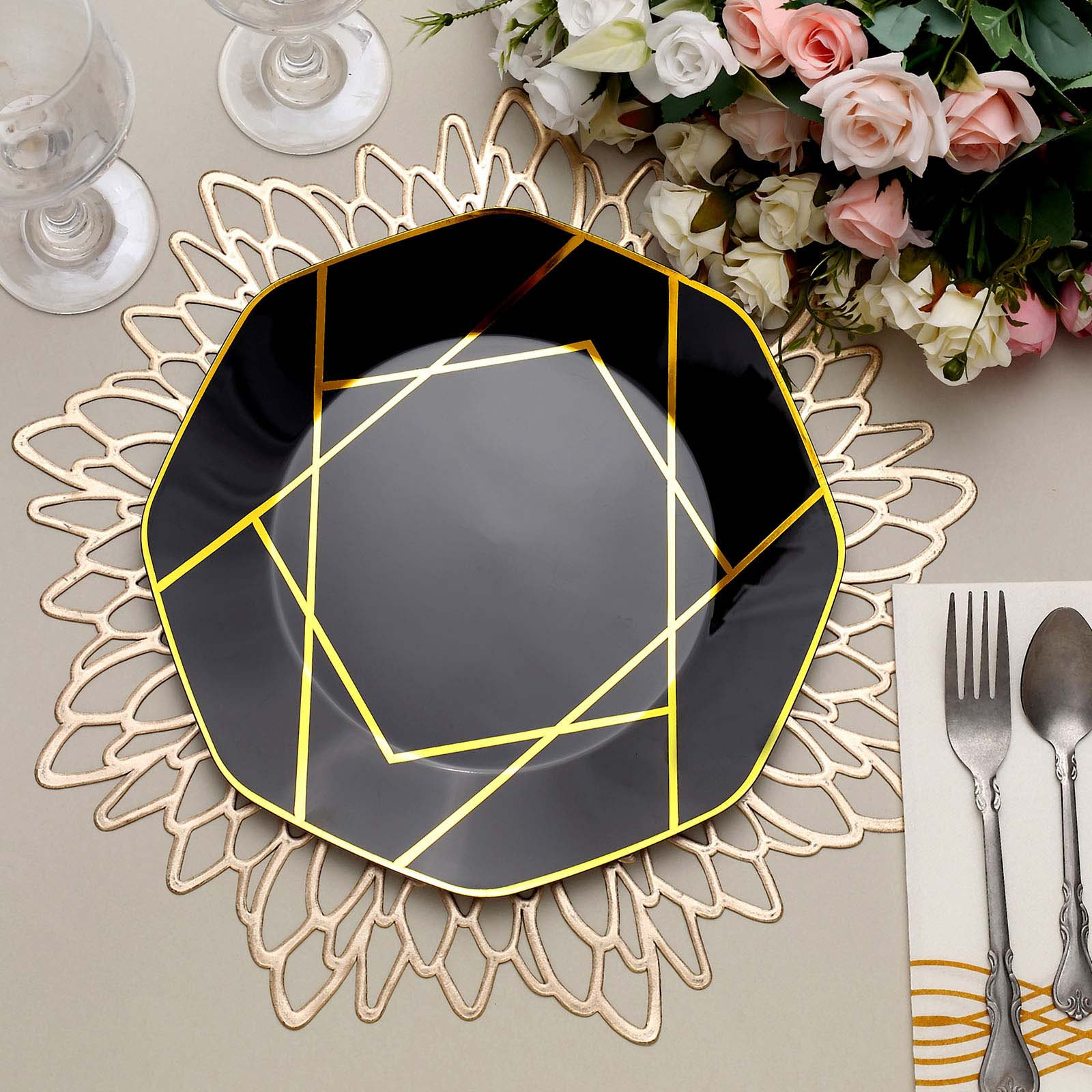 Black Geometric Dinner Plate with Gold Line Pattern