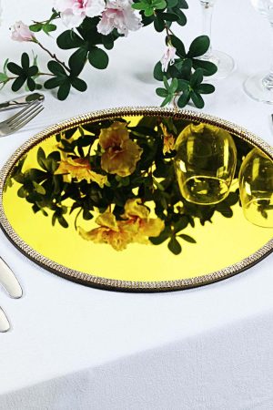 Yellow Mirror Charger Plate with Crystal Rim