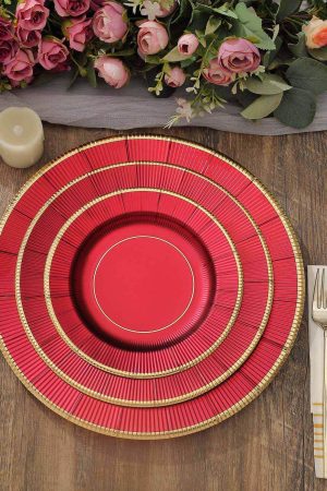 Crimson Red Ribbed Charger Plate with Gold Rim