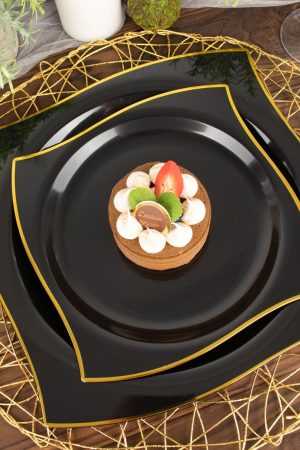 Black Wavy Square Plate with Gold Rim