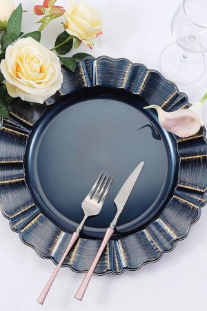 Navy Blue Fluted Charger Plate with Brushed Metallic Detail
